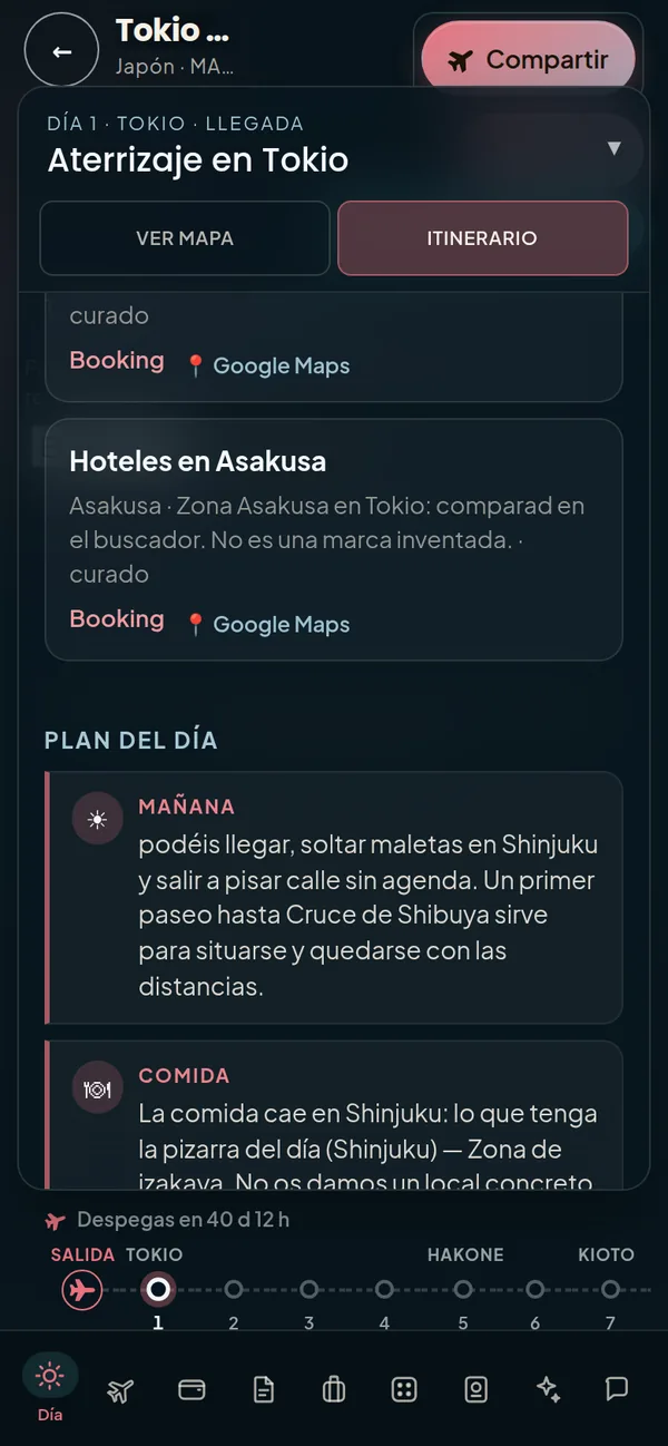 Plan del día en la app: mañana, comida y hoteles de la zona