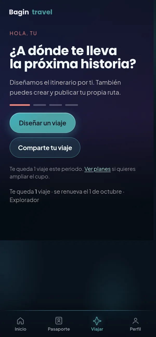 Inicio de la app: «¿A dónde te lleva la próxima historia?» con el botón Diseñar un viaje