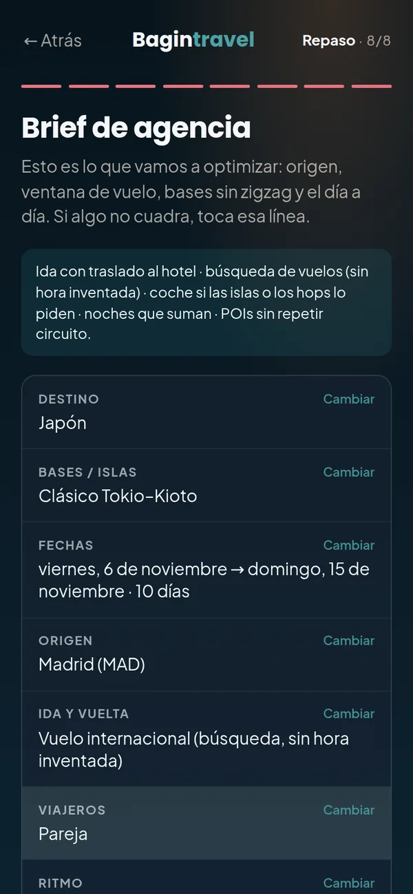 Repaso del brief antes de crear el viaje