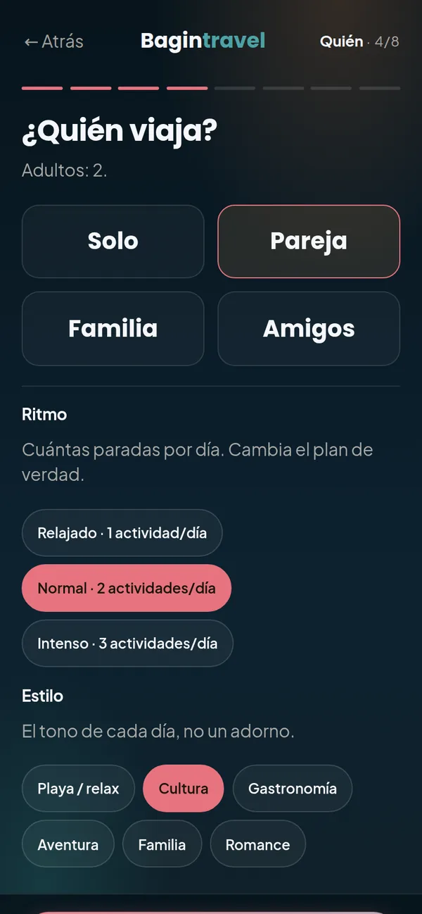 Paso «¿Quién viaja?»: pareja, ritmo normal y estilo cultura